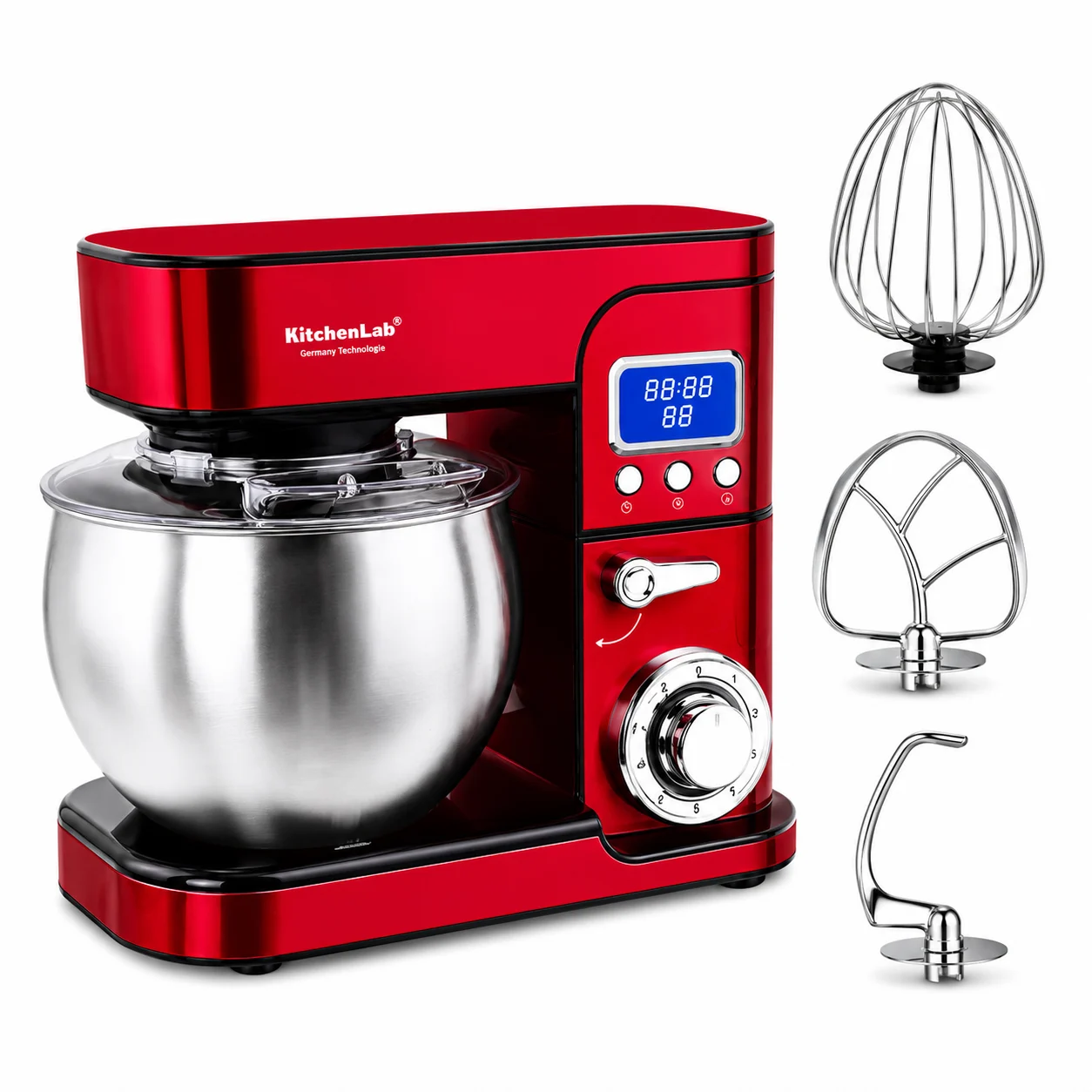 77472-1782854052.webp Petrin inox 6.5L 1300W avec Ecran LCD et pignion en Metal KitchenLab KL130065IX Rouge – Image 1