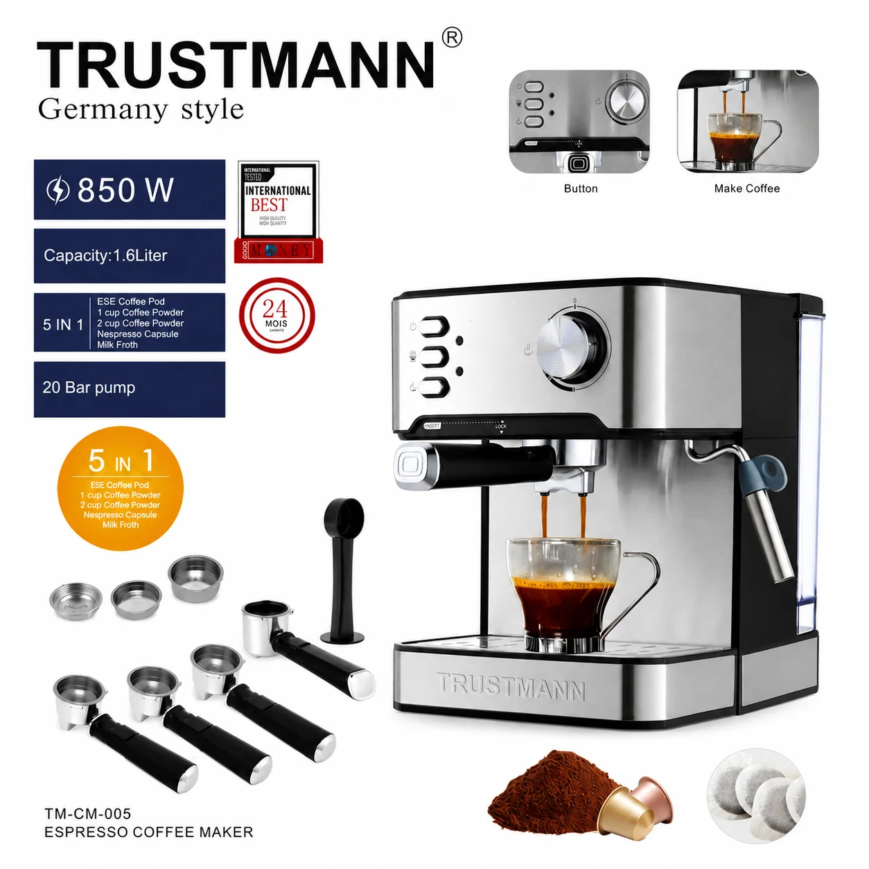 77530.webp Machine a Café inox 5 en 1 - 20 Bars 850W 1.6L Café poudre et Capsule Nespresso et cappuccino Germany Style TrustMann TM-CM-005 – Image 1