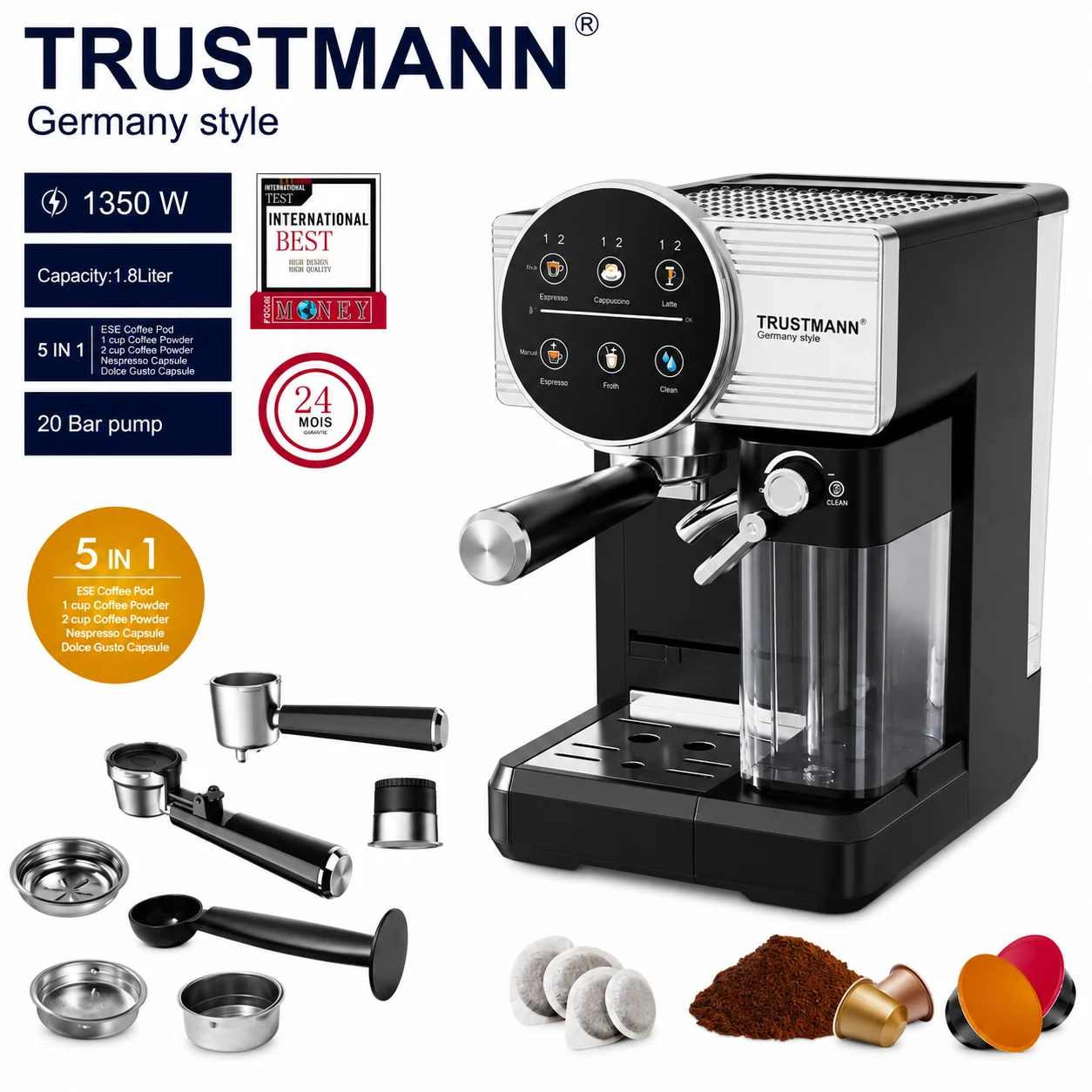 77548.webp Machine à café et Lait inox 5 en1 Café Poudre et Capsule Nespresso 1350W 20 Bar TRUSTMANN® TM-CM-002 – Image 1