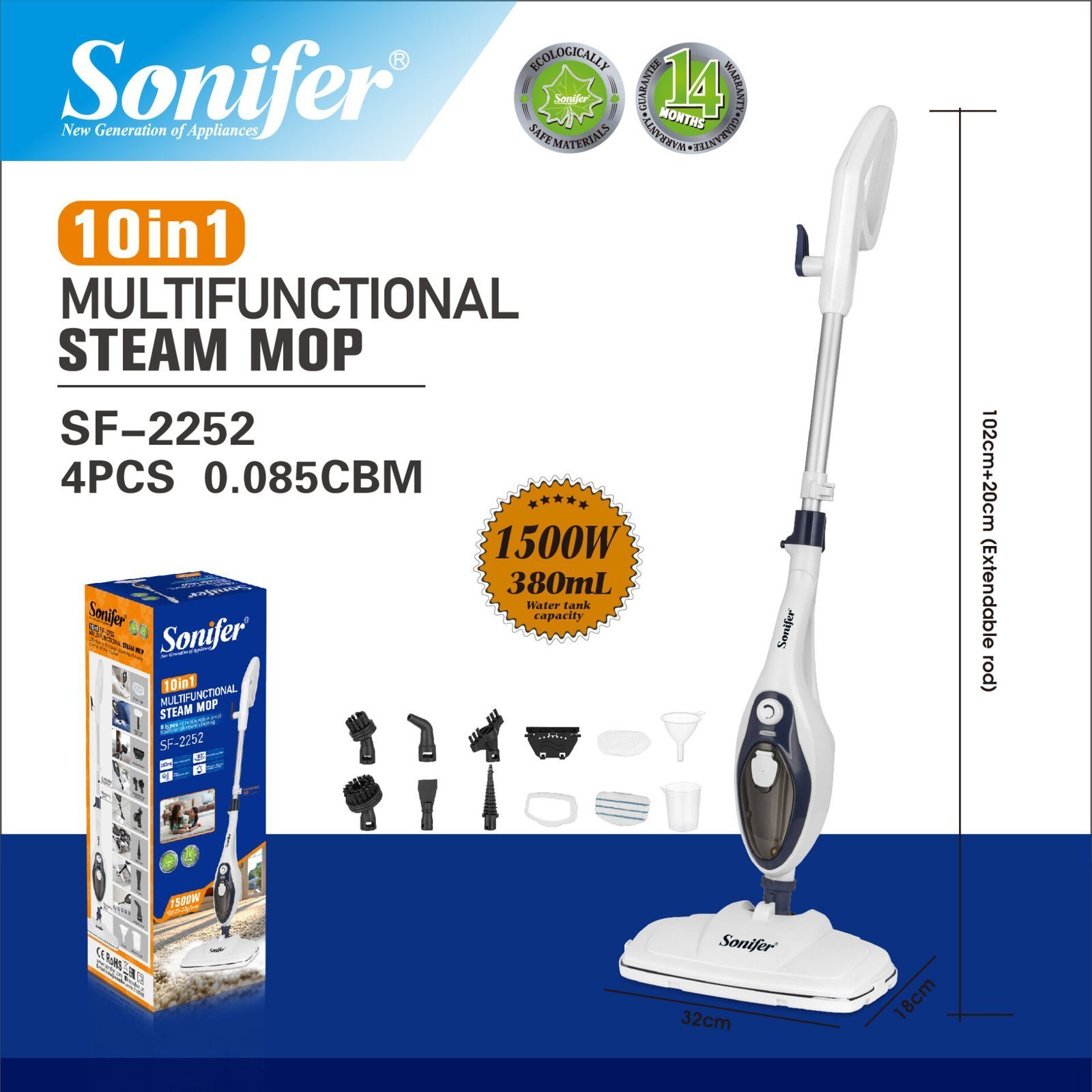 Hea7d30cab544447eb27f34b99deb7376D-scaled-1.jpg Nettoyeur a vapeur Multifonction 10 en 1 - 1500W Multi-usage tapis - bois - sol - Cuisine - Sonifer SF-2252 – Image 1