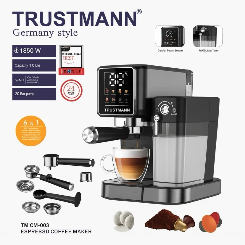 img_5603.webp Machine à Café et lait inox 6 en 1 Multi Capsules et Café Poudre 1350W 20 Bar 1L TRUSTMANN TM-CM-003 – Image 1